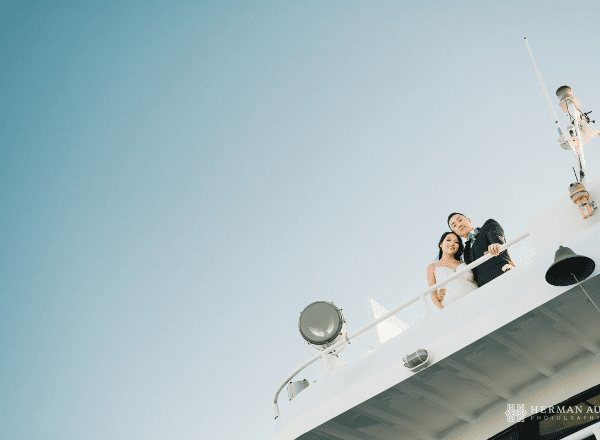 bride and groom on a yacht