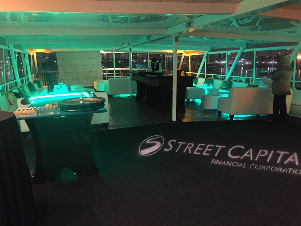 corporate party on yacht with company logo on the floor for corporate networking event